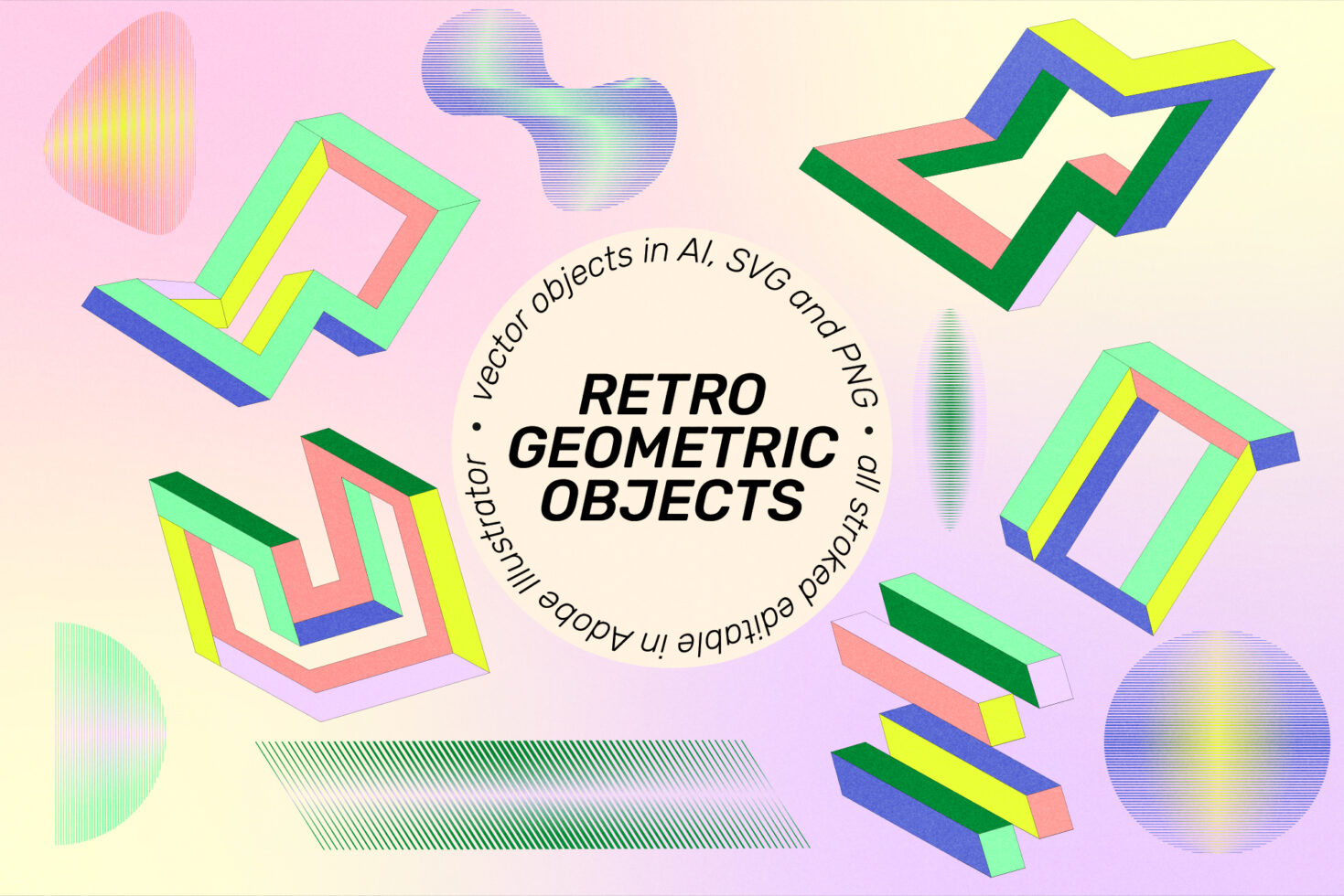 Colorful retro geometric vector objects set for designers in AI SVG PNG formats modern editable shapes for graphic design and digital assets marketplace
