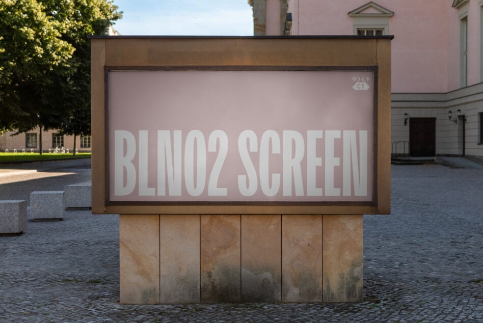 Outdoor billboard mockup with pale pink text on dusty brown wooden frame in courtyard