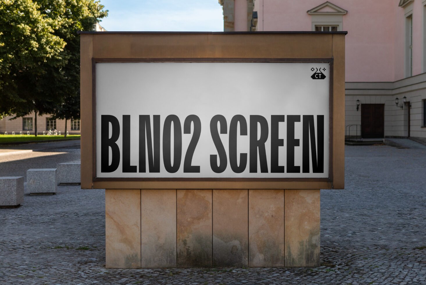 Large outdoor billboard mockup on a paved urban street with trees. Blank poster template for designers to showcase advertising designs.