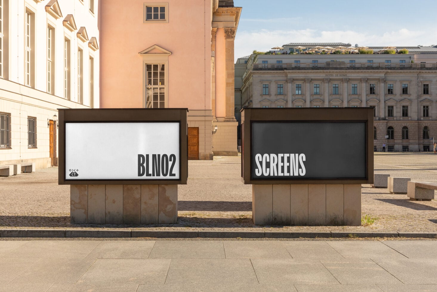 Two outdoor digital billboards in European plaza showing BLIN02 on white screen, SCREENS blank