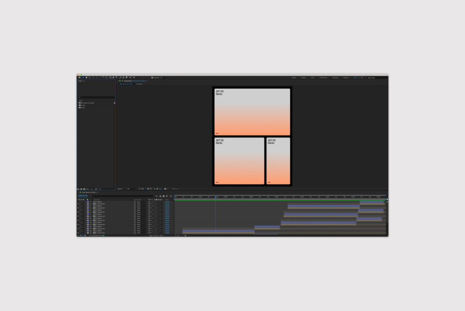 After Effects timeline showing bento gradient mockup animation editing workspace