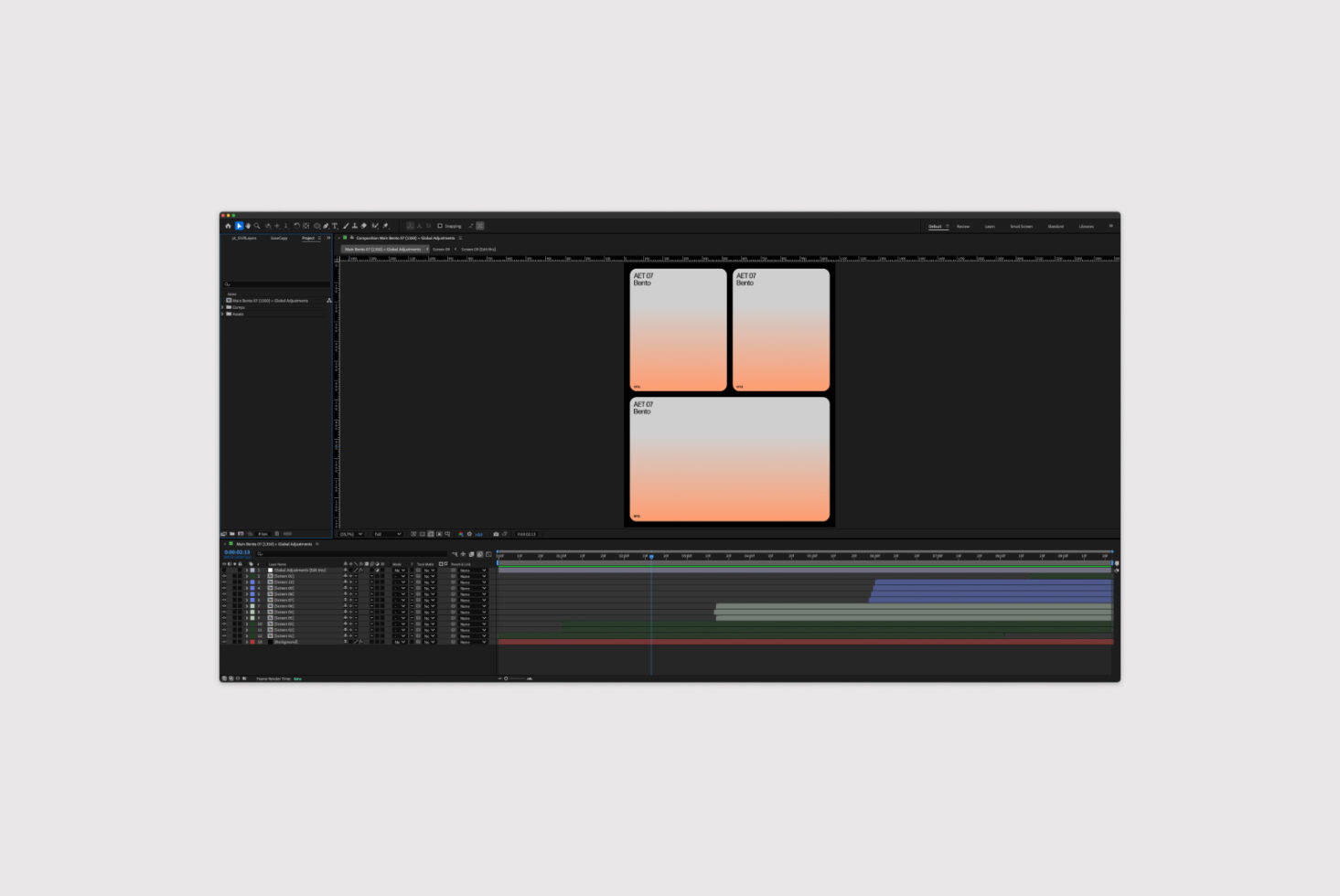 After Effects interface displaying a design project with gradient backgrounds and timeline layers. Keywords: design, mockup, template, gradient art, After Effects.