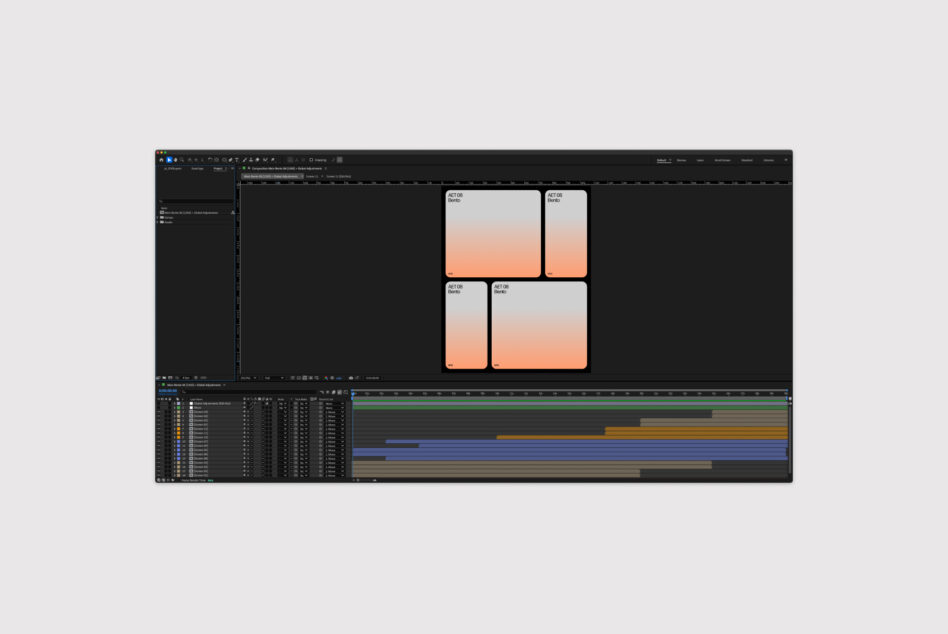 Digital mockup design displayed in editing software interface featuring organized layers, timeline, and gradient cards. Perfect for graphic designers.