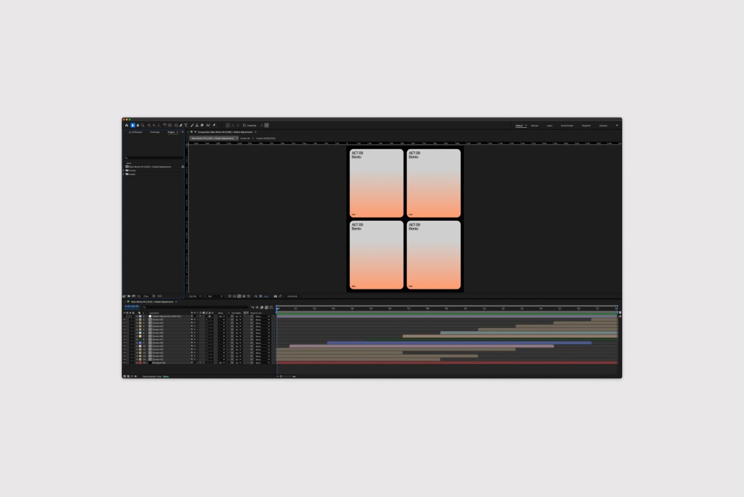 Video editing software interface displaying layered timeline with gradient design elements. Ideal for designers seeking dynamic templates or graphics assets.