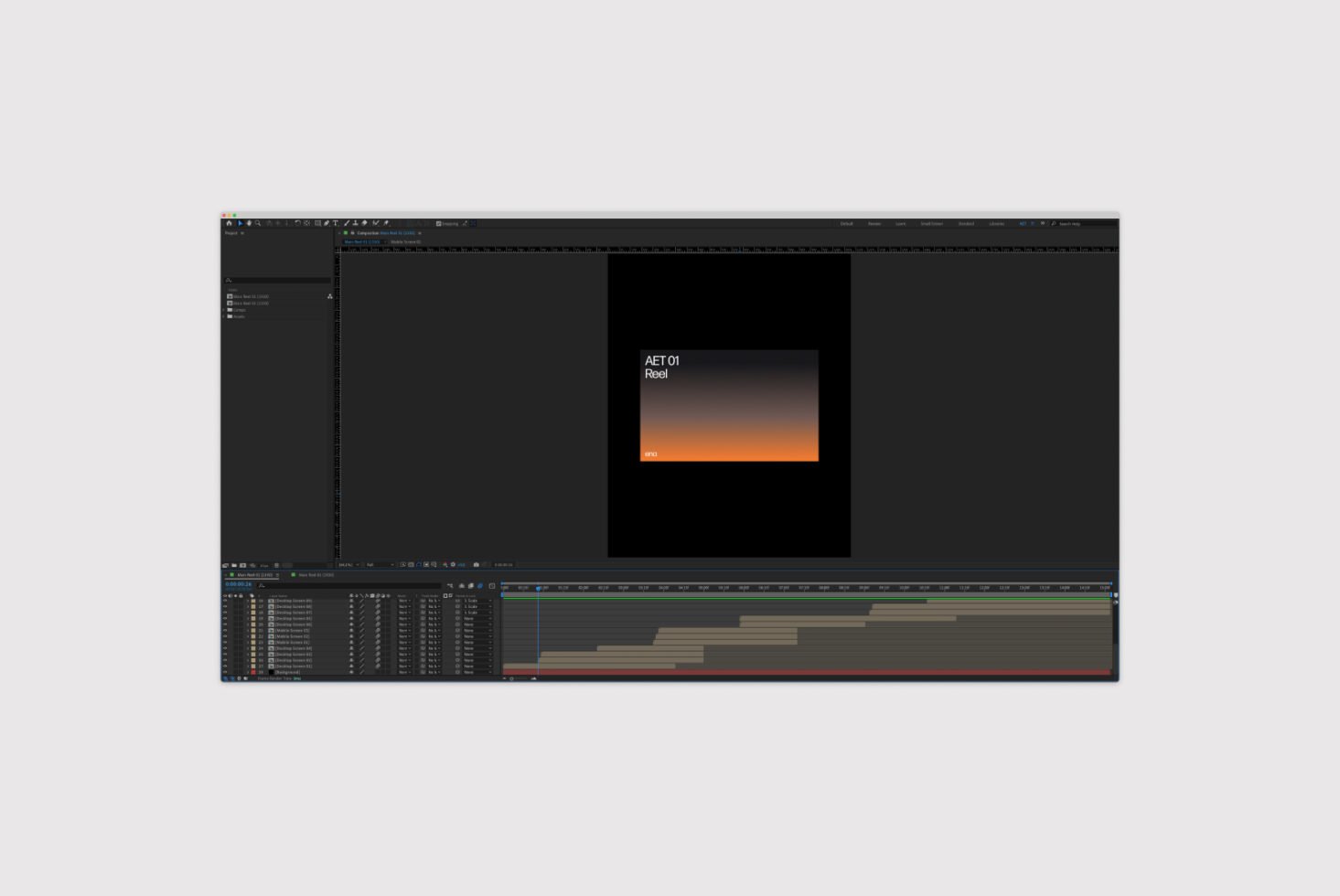 After Effects interface showing project timeline and preview screen for a video reel template. Keywords: Mockups Templates Motion Graphics Design Tools.