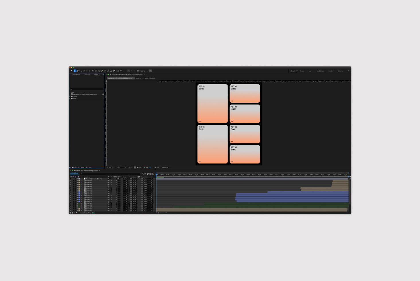 Design software interface displaying a timeline and layered gradient cards. Ideal for graphic templates, mockups, and animation projects.