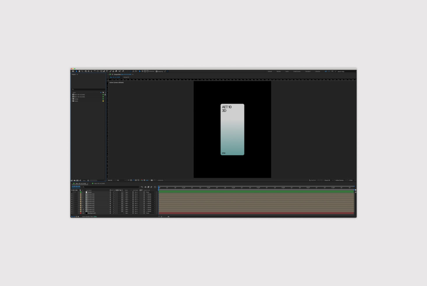 After Effects project interface displaying a 3D mockup template of a mobile app screen, ideal for designers looking for graphic resources.