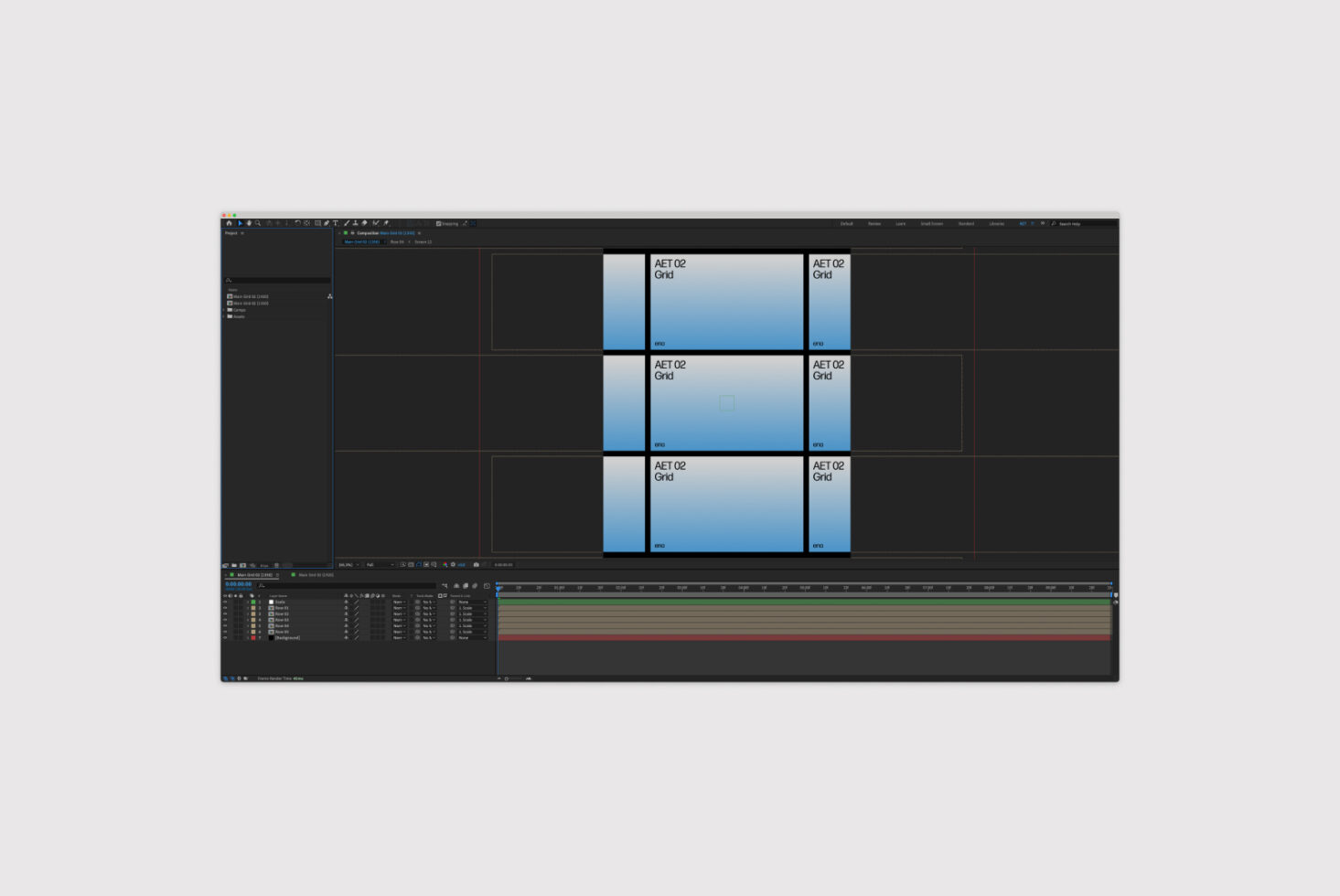 After Effects template interface with a multi-panel grid layout displayed. Ideal for motion design mockups and video editing projects for designers.