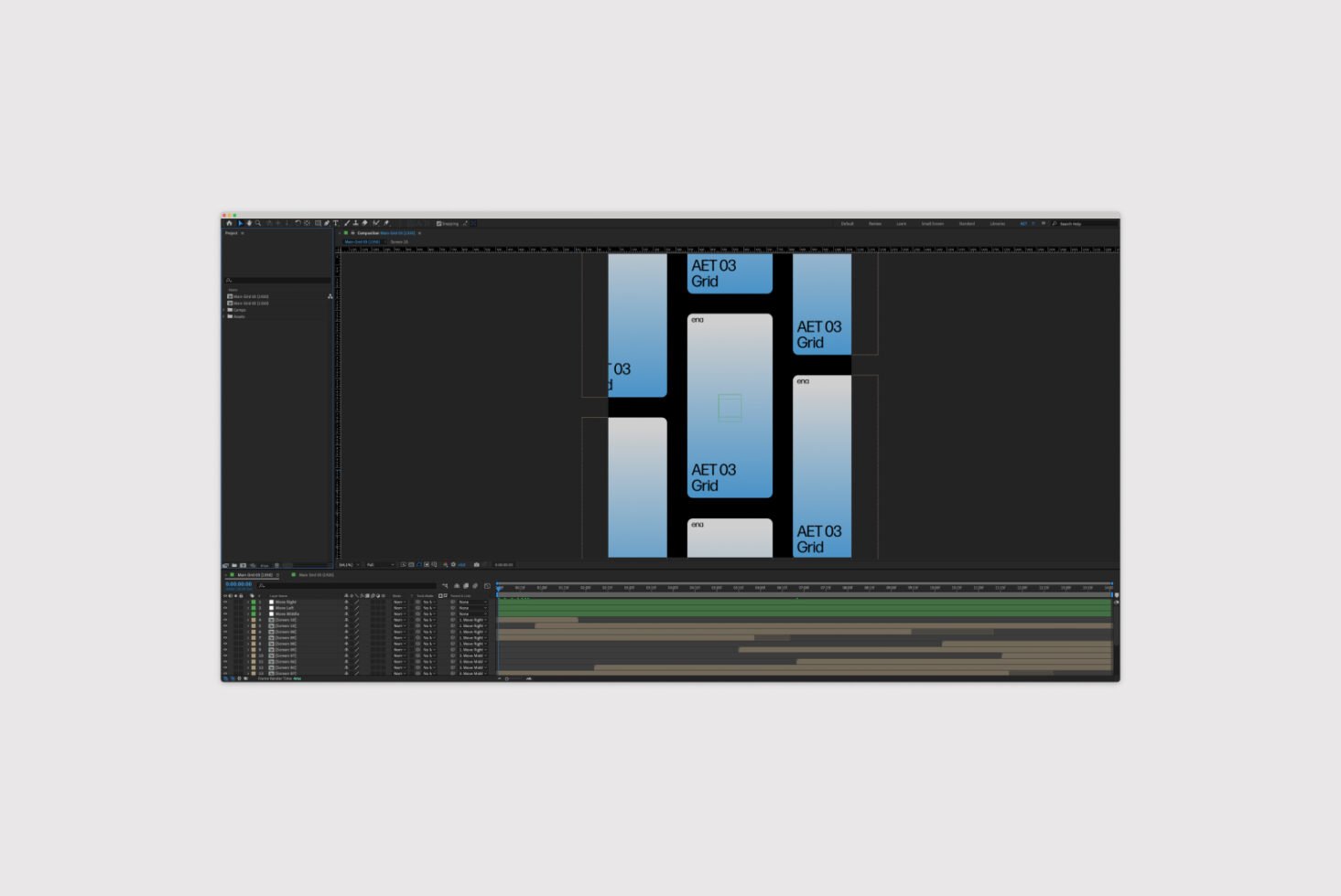After Effects template interface displaying AET 03 Grid design project layout. Ideal for motion graphics and animation designers. Mockup template asset.