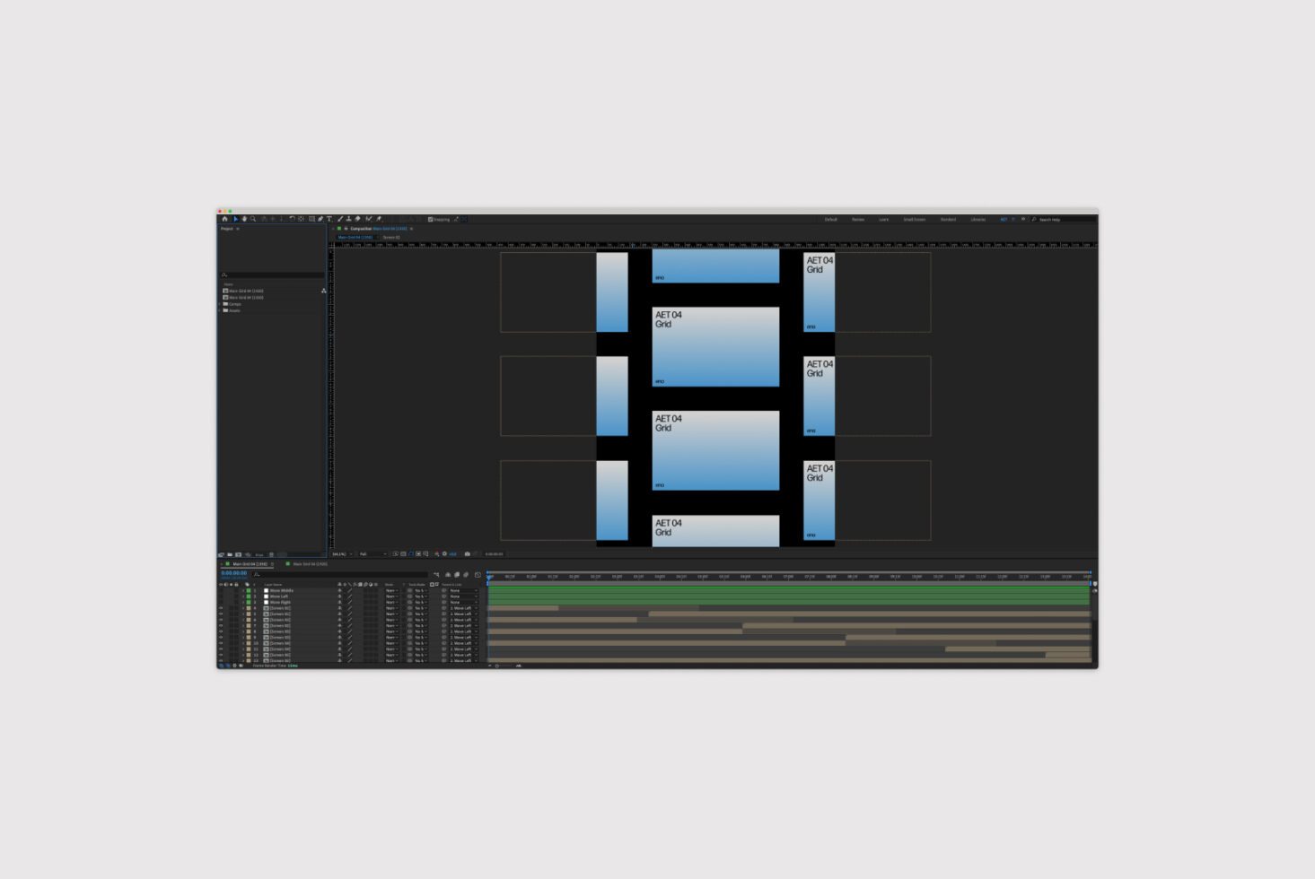 After Effects interface showing grid layout with multiple layers; ideal for designers seeking templates for video projects, graphics, and mockups.