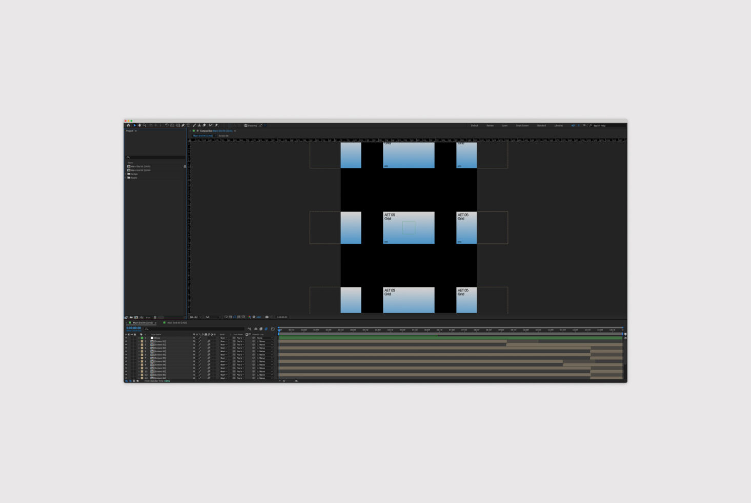 After Effects template design interface showcasing organized layers and timeline for video editing and animation assets suitable for graphic designers.