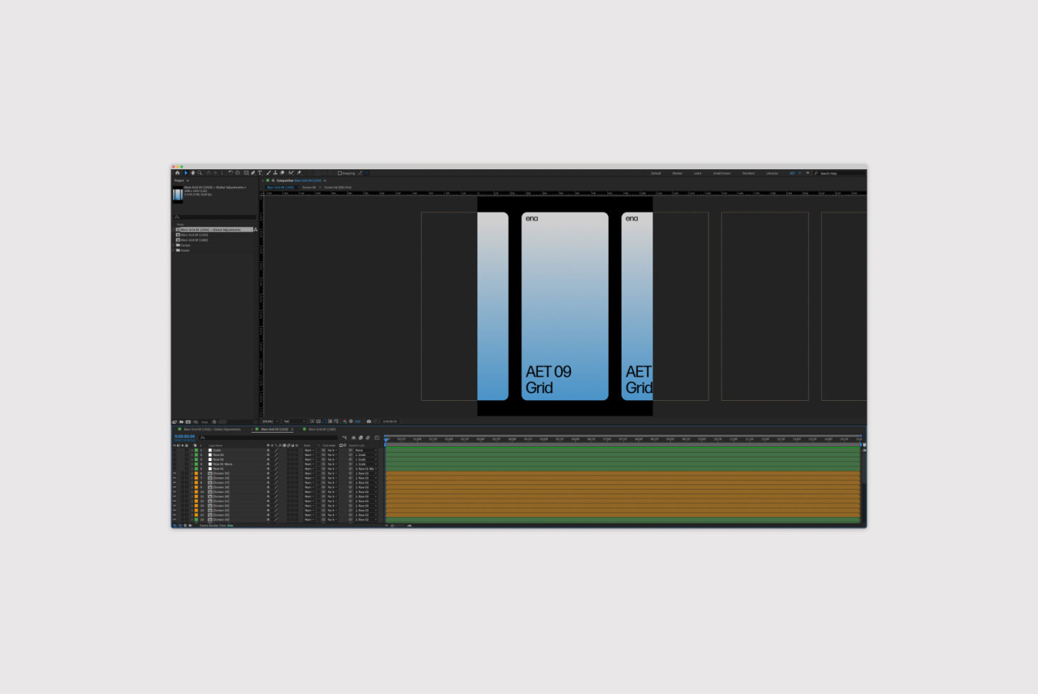 Screen displaying an After Effects template for digital designers showing AET 09 Grid interface. Ideal for animation and motion graphics projects.