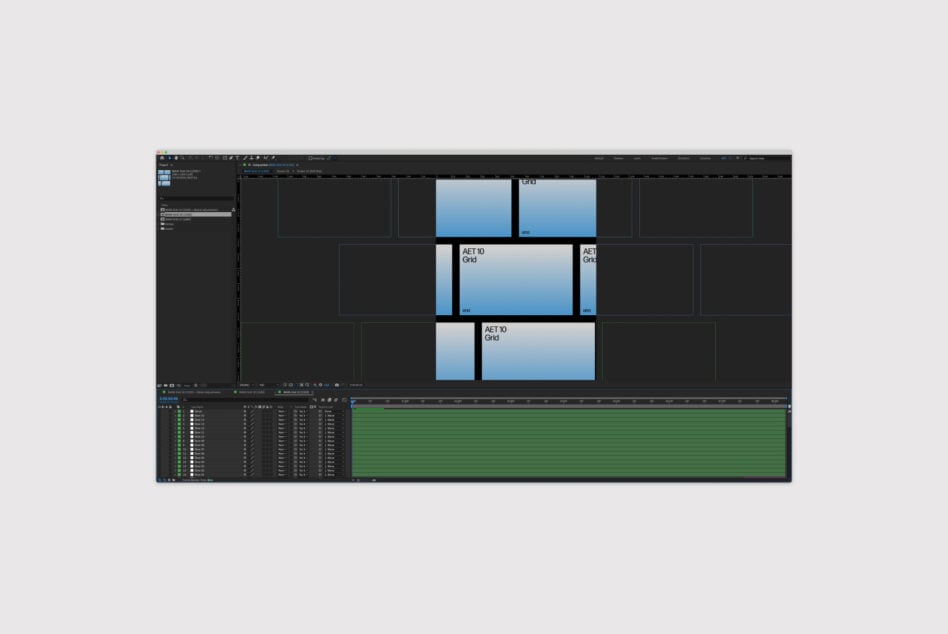 Template for grid layout in a design software interface showing multiple frames with blue backgrounds ideal for motion graphics or video editing projects.
