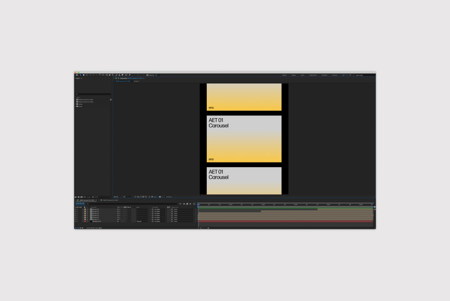 After Effects template design for a carousel project featuring gradient backgrounds and text layers. Ideal for designers seeking editable templates.