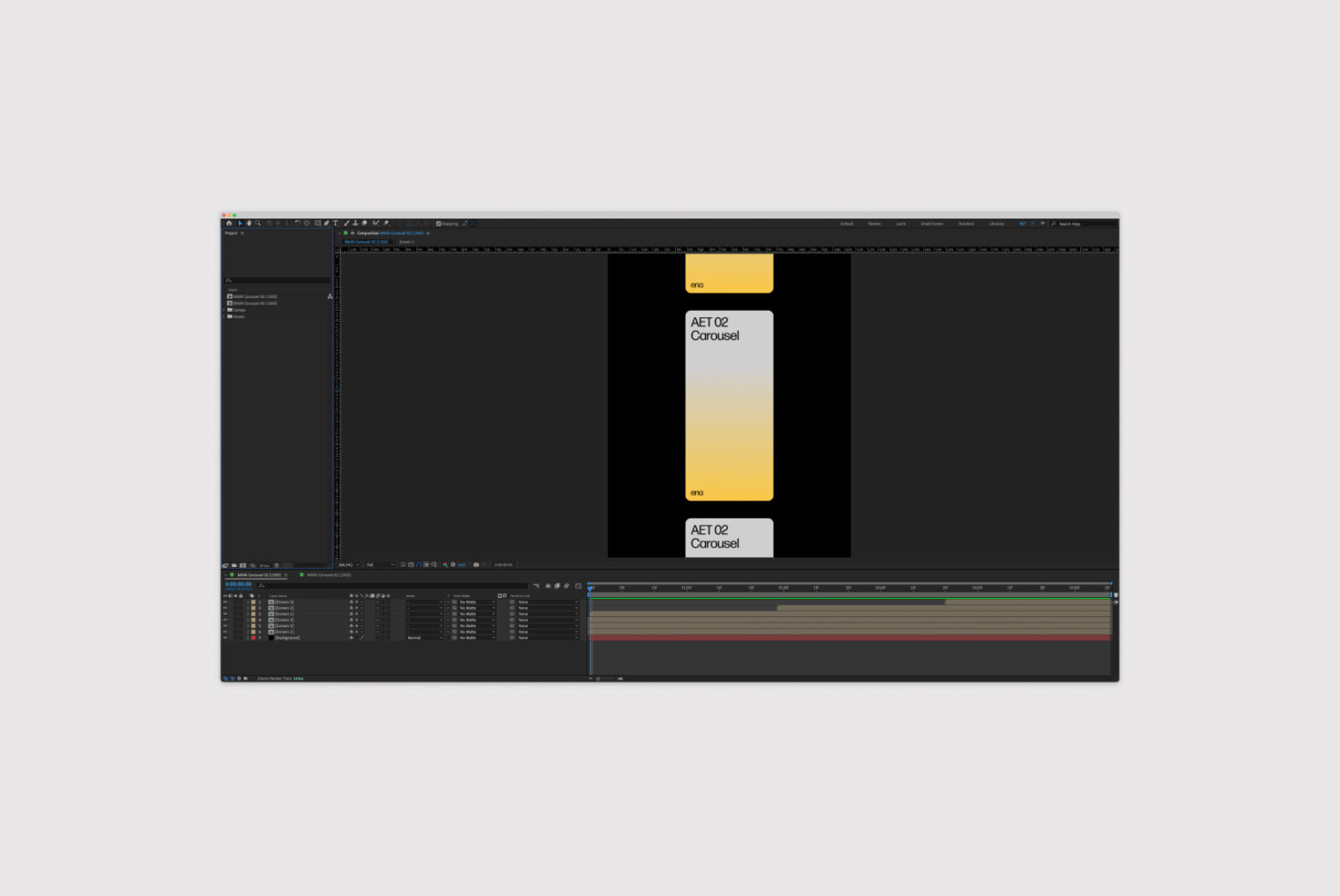After Effects interface featuring a vertical carousel animation project with gradient design. Ideal template for designers seeking motion graphics resources.