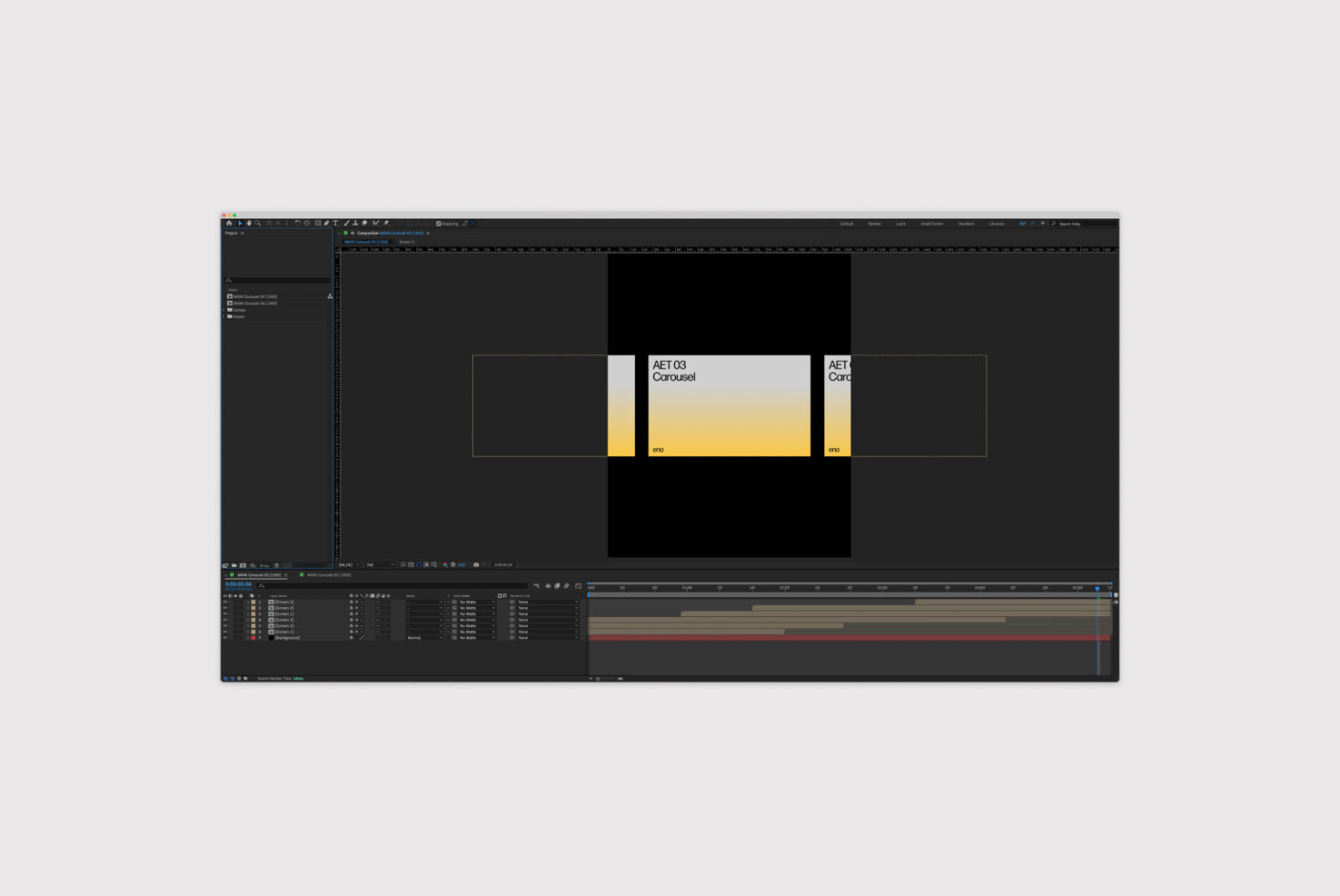 Digital design template in video editing software showing a carousel animation timeline perfect for designers creating mockups or motion graphics.
