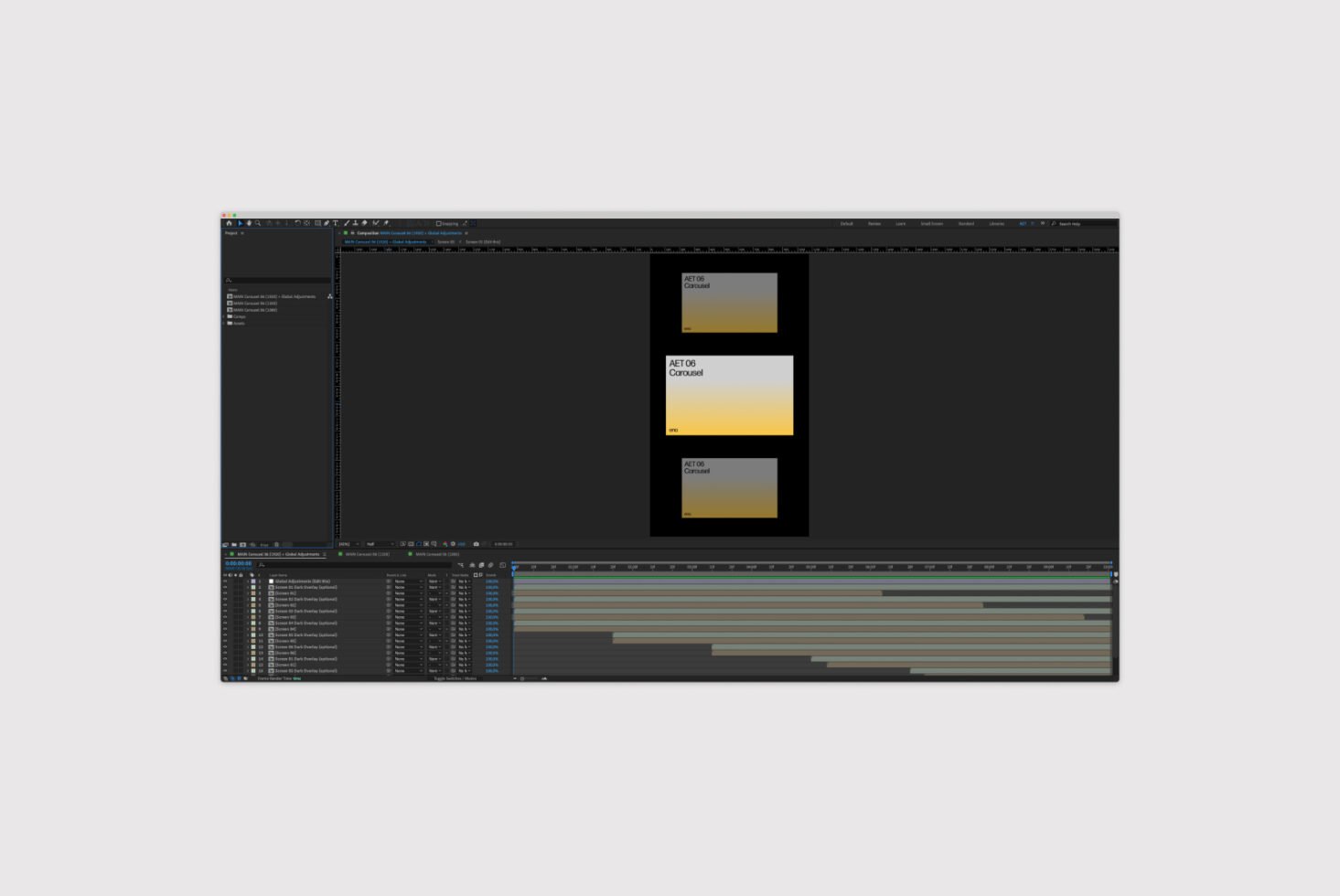 Digital template mockup in a design software interface showing a carousel layout with timeline editing tools; ideal for designers creating graphics.