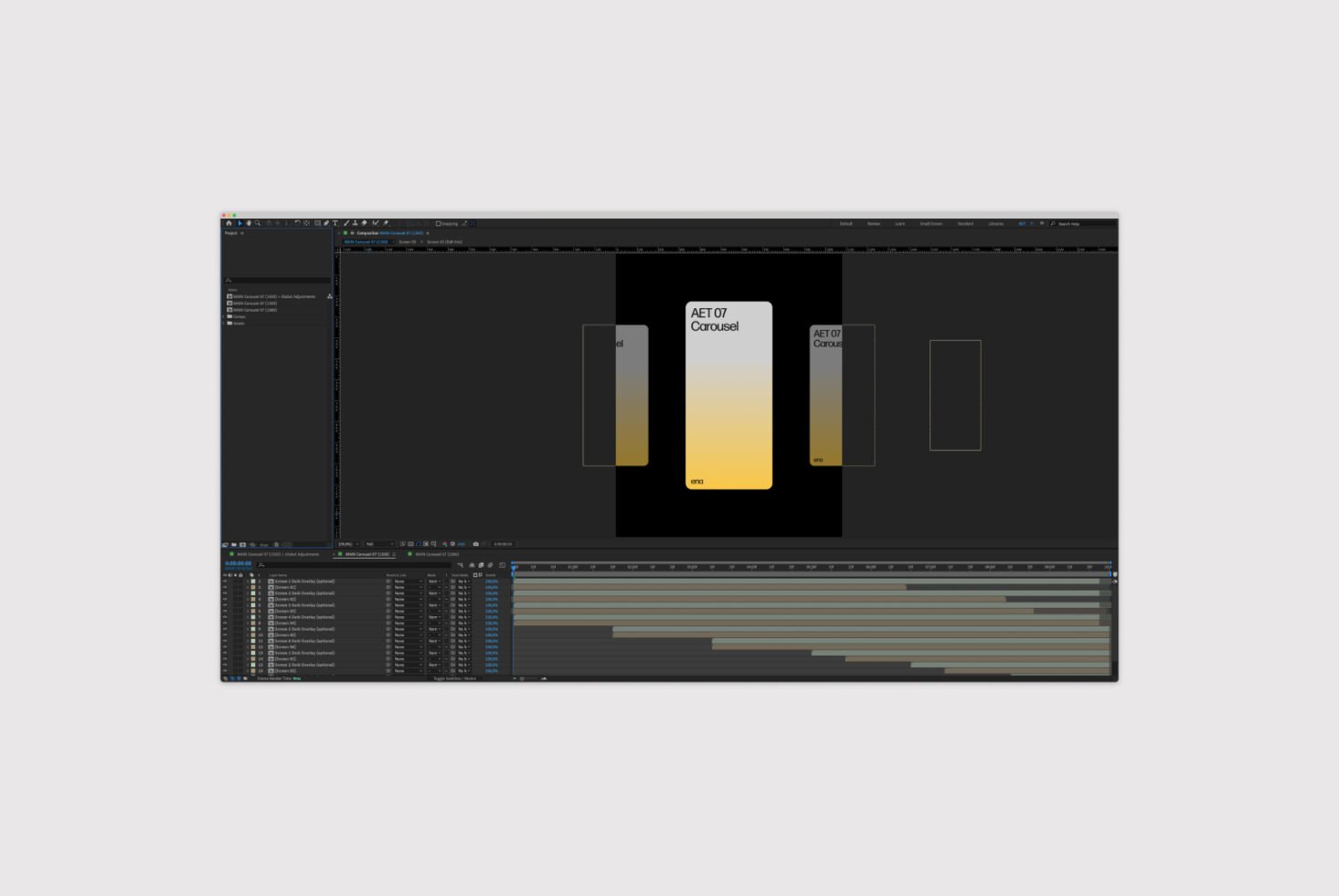Creative After Effects template for carousel design. Modern interface with timeline and panels. Ideal for graphic designers. Digital asset for motion graphics.
