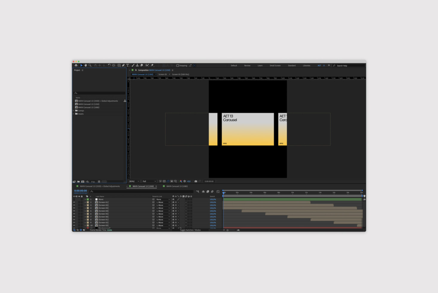 After Effects template interface showcasing a carousel animation project timeline workspace. Ideal for designers seeking dynamic video editing resources.