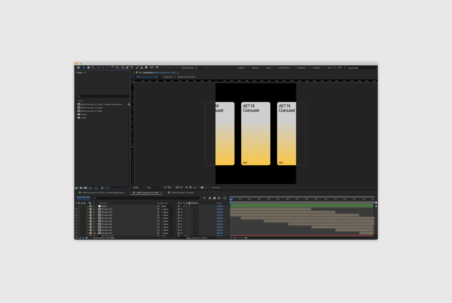 After Effects project template with carousel animation, featuring three panels in a gradient design. Ideal for motion graphics and video editing.