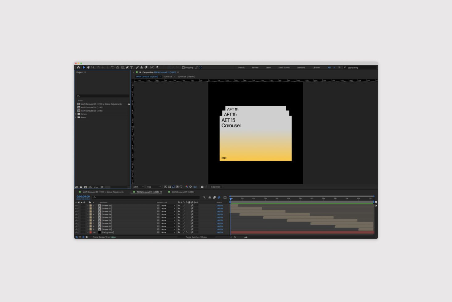 After Effects composition screenshot showcasing a UI design template with layered timelines and project panels. Ideal for designers seeking mockup resources.
