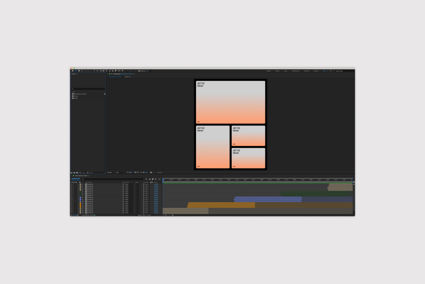 After Effects mockup template displaying four gradient storyboard panels. Ideal for designers seeking customizable video editing assets and graphics projects.