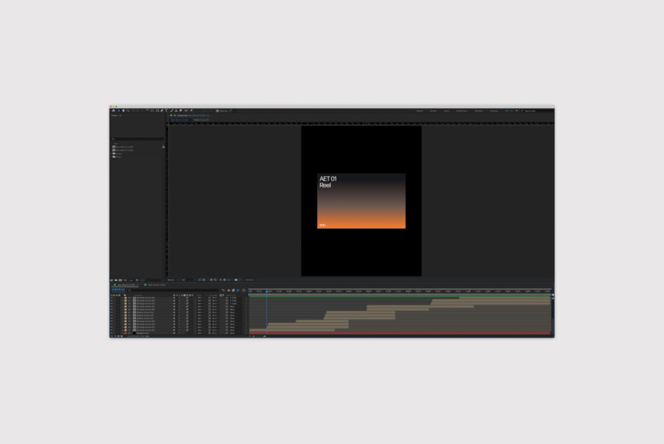 After Effects interface showing project timeline and preview screen for a video reel template. Keywords: Mockups Templates Motion Graphics Design Tools.