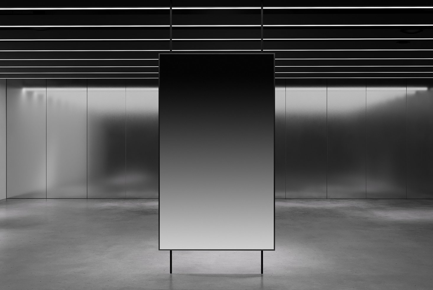 Minimalist mockup of a vertical rectangular panel in a modern interior space with horizontal ceiling lights ideal for digital design projects and presentations.
