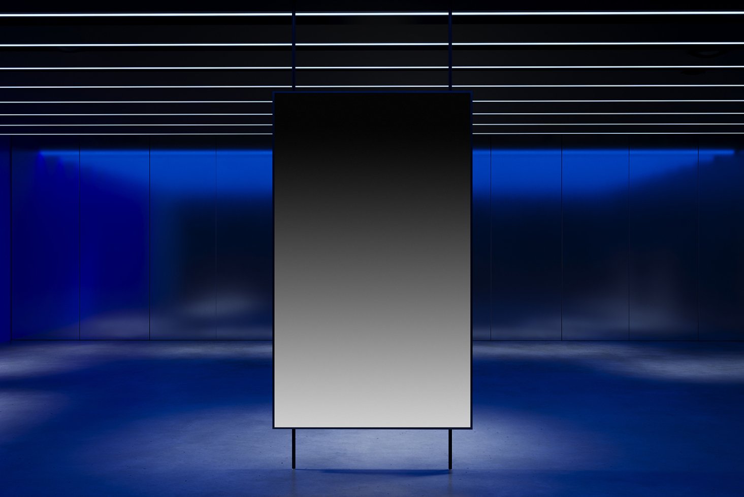 Modern minimalist digital signage mockup in a futuristic blue-lit environment ideal for design presentations branding or architecture visualization