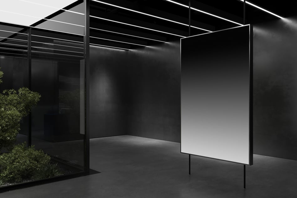 Minimalist black room with white glowing lines above blank billboard mockup