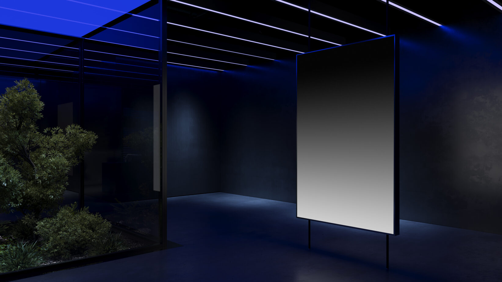 Modern gallery interior with illuminated blank canvas mockup reflecting blue ambient lighting, ideal for showcasing art or graphic design projects