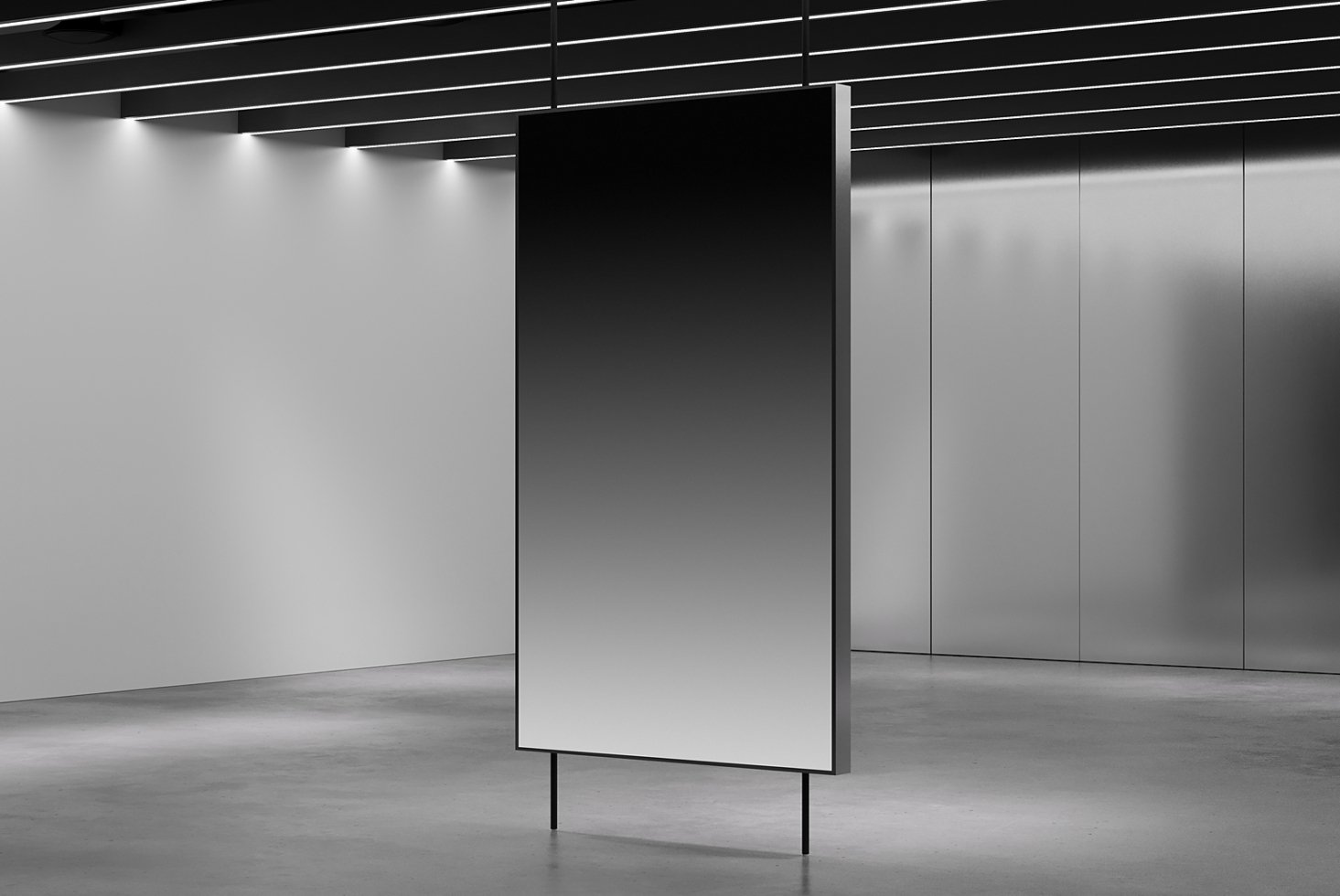 Modern minimalistic gallery mockup featuring a suspended vertical panel. Ideal for showcasing artwork in a sleek gallery environment.