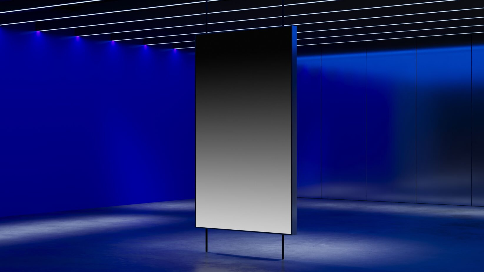 Modern vertical poster mockup in minimalist blue-lit room ideal for designers showcasing digital graphics templates or advertising materials.