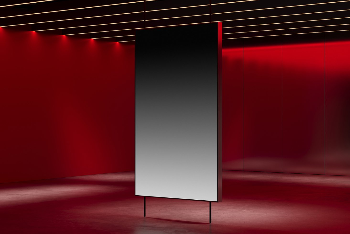 Sleek vertical digital signage mockup against a bold red backdrop with modern lighting perfect for showcasing graphics and templates for designers.