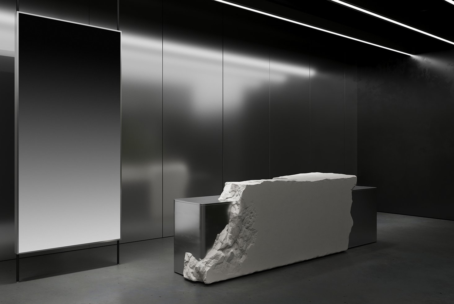 Modern minimalist interior with stone and metal textures, featuring polished surfaces and abstract design. Perfect for architectural mockups, designers.