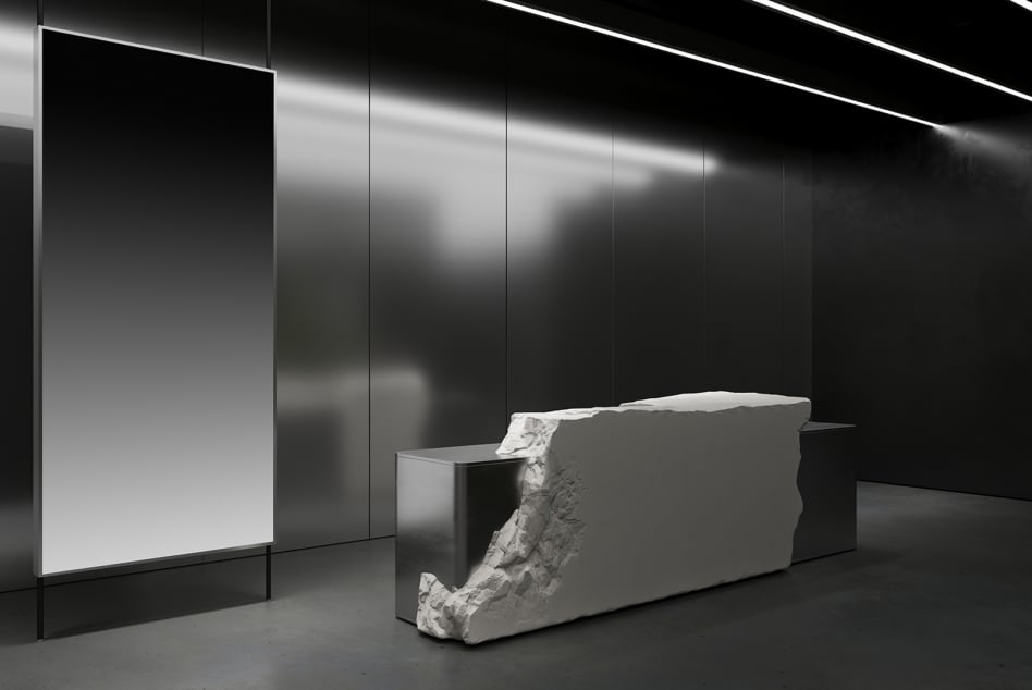 Modern minimalist interior with stone and metal textures, featuring polished surfaces and abstract design. Perfect for architectural mockups, designers.