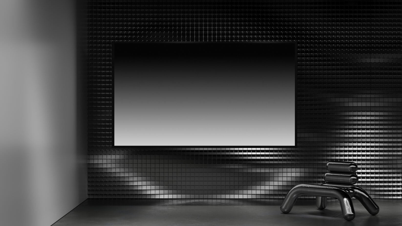 Sleek black room with blank horizontal screen, geometric wall texture, futuristic vibe
