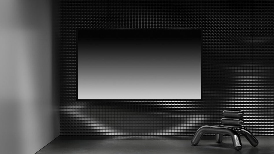 Sleek black room with blank horizontal screen, geometric wall texture, futuristic vibe