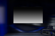 Dark blue space with blank screen display, tech aesthetic, neon-lit minimalist setup