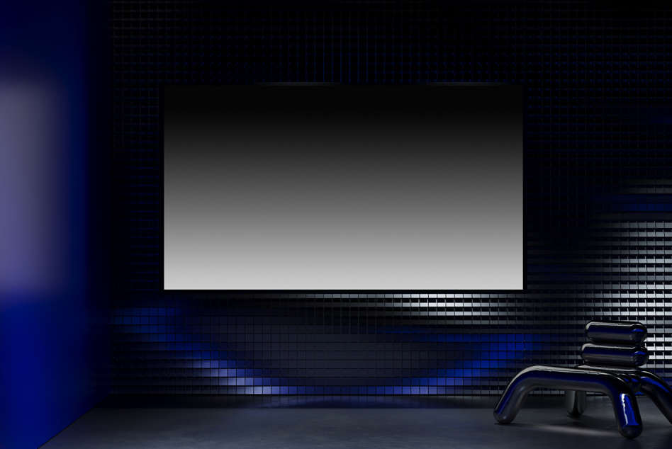 Dark blue space with blank screen display, tech aesthetic, neon-lit minimalist setup
