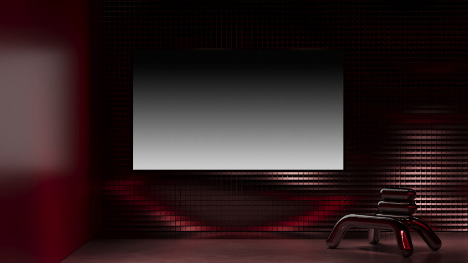 Dark moody room with red grid wall, blank poster, designer chair with stacked books