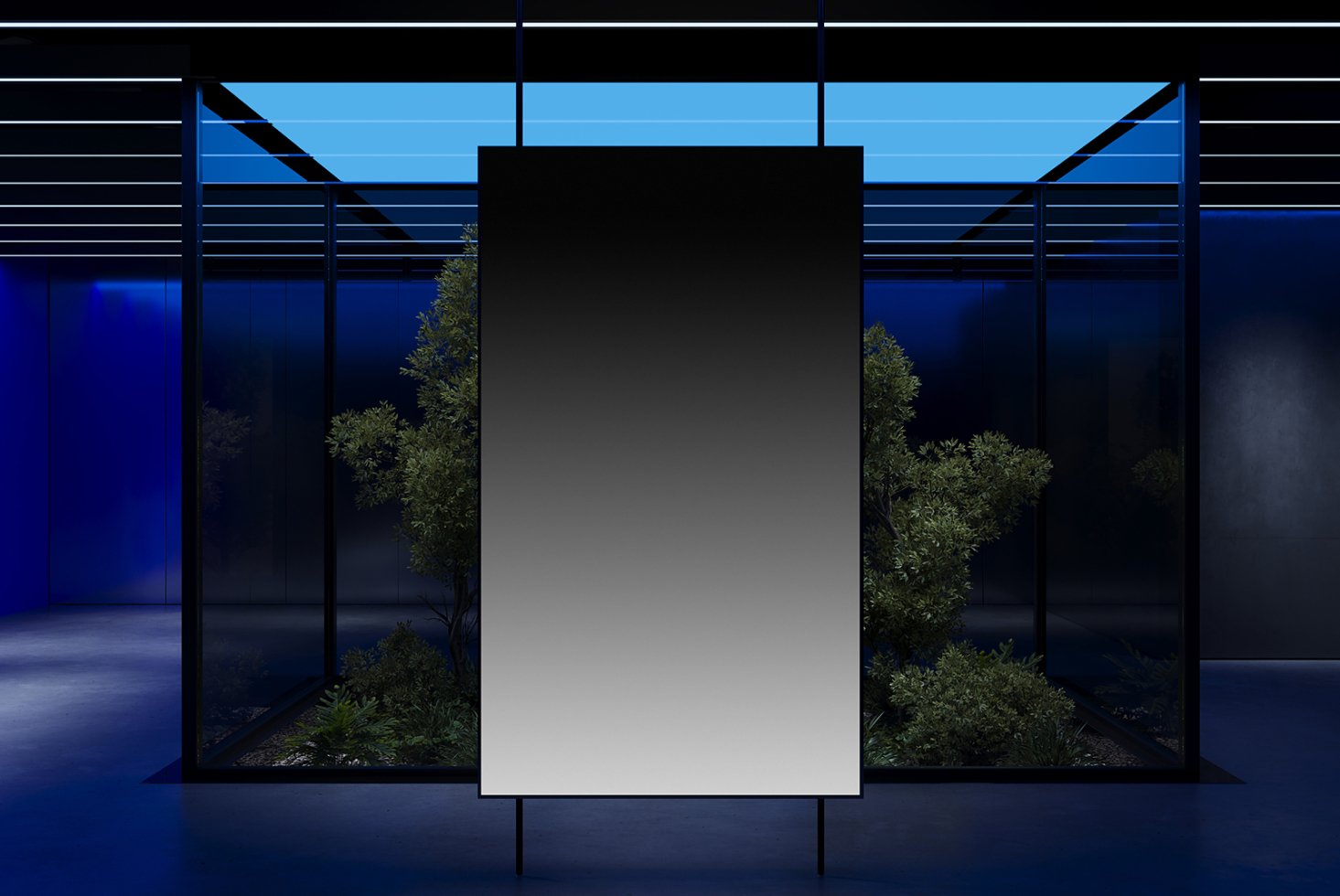 Modernist interior with gradient mockup display in a sleek glass room. Dark blue lighting and green plants create a futuristic design ambiance for templates.