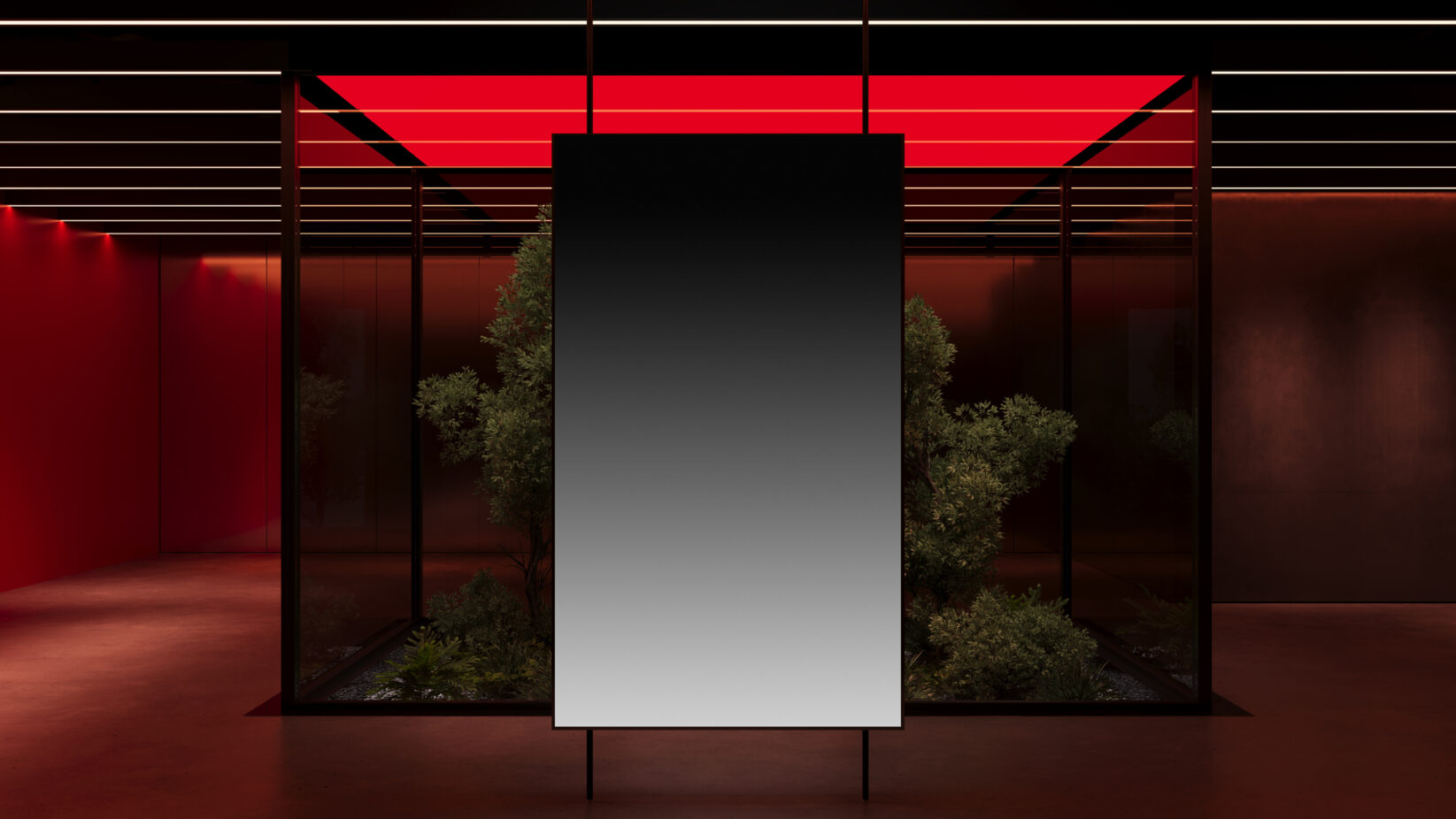 Modern interior design mockup featuring a large vertical screen in a dark room with red lighting and indoor plants. Perfect for graphic designers templates