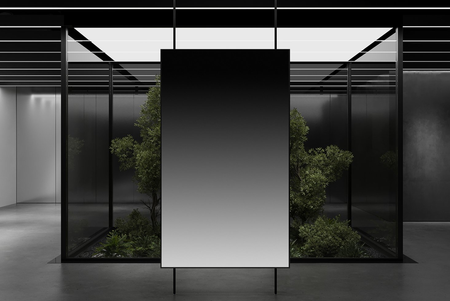 Modern architectural mockup featuring a minimalist interior with a central panel and surrounding greenery perfect for design presentations and branding.