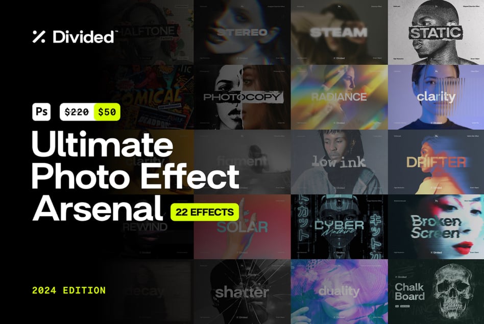 Ultimate Photo Effect Arsenal features 22 effects for designers in Photoshop 2024 edition. Perfect for creating dynamic graphics and enhancing images.