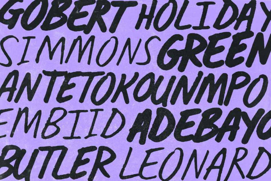 Black italic font on purple background with names Gobert Holida Simmons Green Antetokounmpo