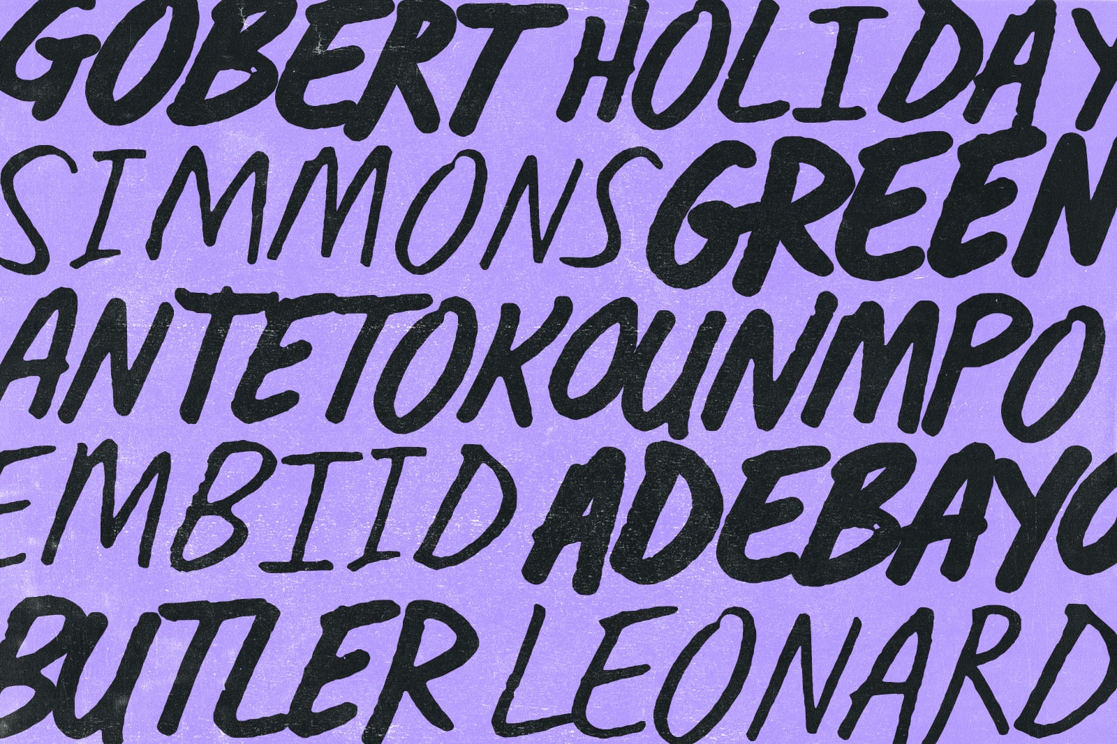 Black italic font on purple background with names Gobert Holida Simmons Green Antetokounmpo