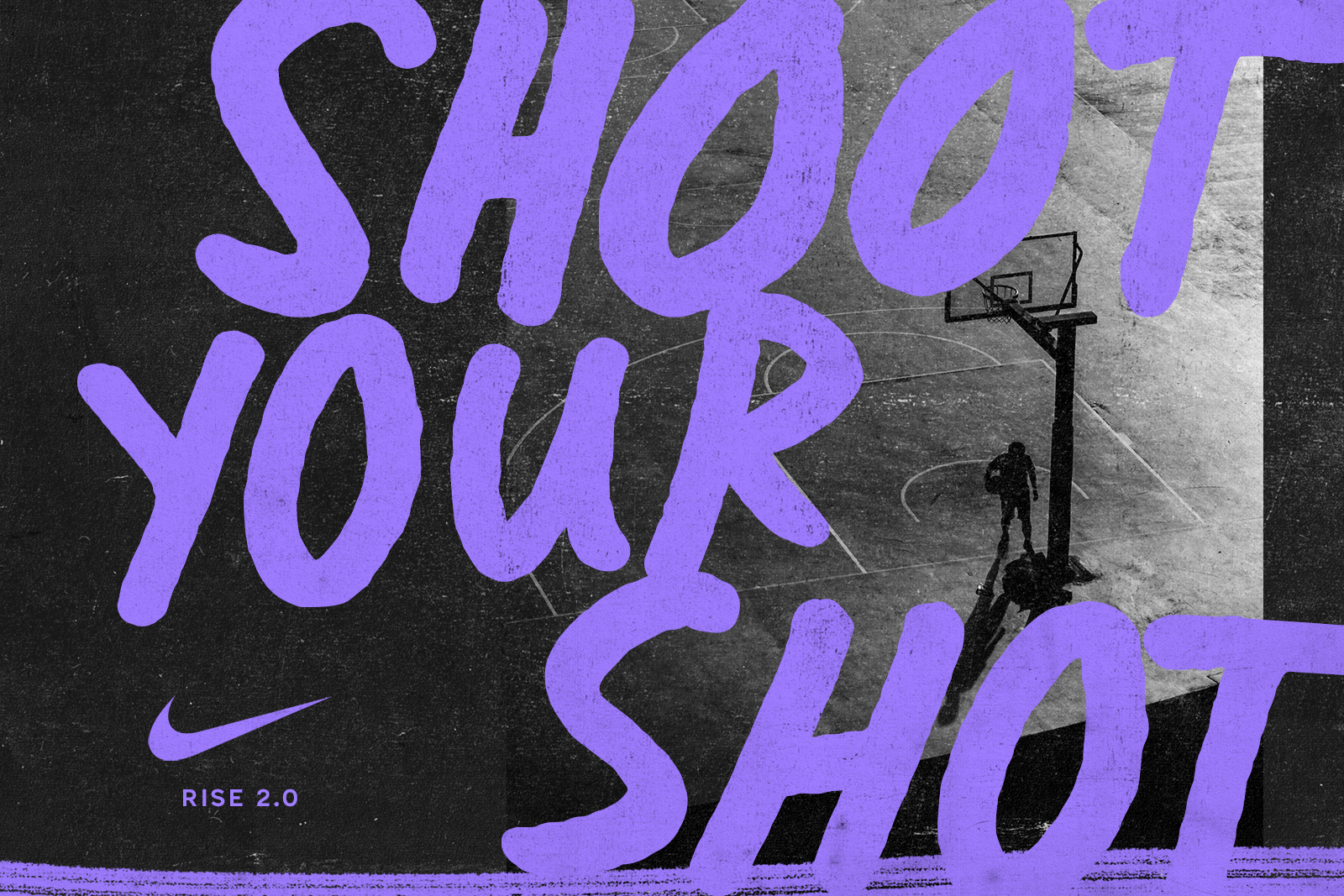 Bright purple bold lettering spelling Spread Your Shot over dark concrete with basketball hoop