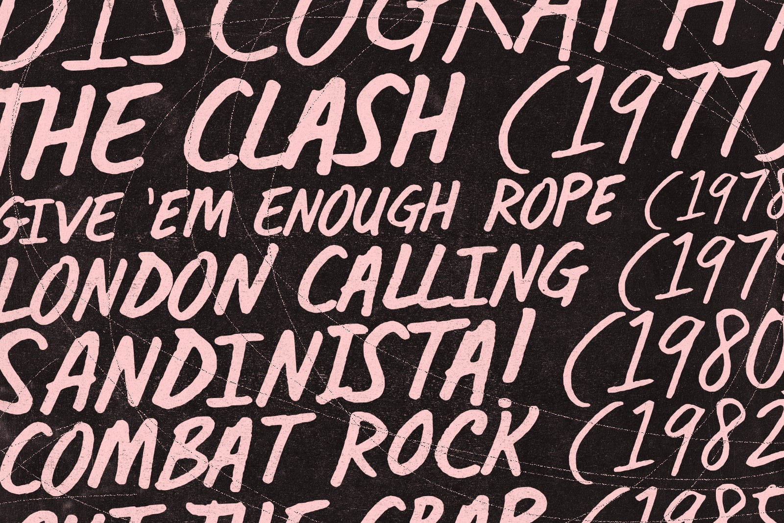 Pink italic text listing band names, years ranging 1977 to 1982 on distressed black