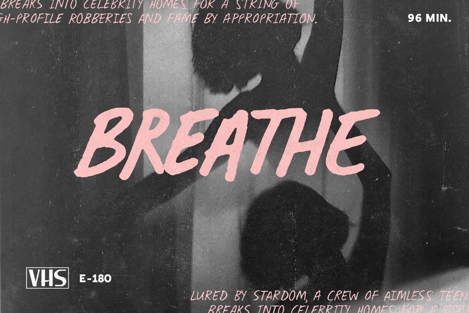 VHS tape cover with pink italic text BREATHE overlaid on vintage film still